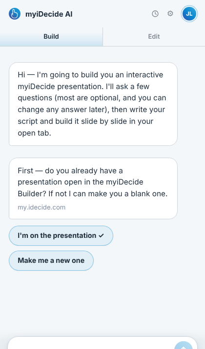 The panel asking whether a presentation is already open, with the choices 'I'm on the presentation' and 'Make me a new one'