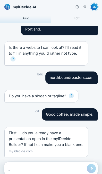 The questionnaire in the panel: the Extension's questions on the left, your answers on the right, each answer with an Edit link