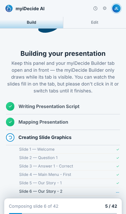 The build screen: five stages, one row per slide, the slide being built expanded to show its own steps