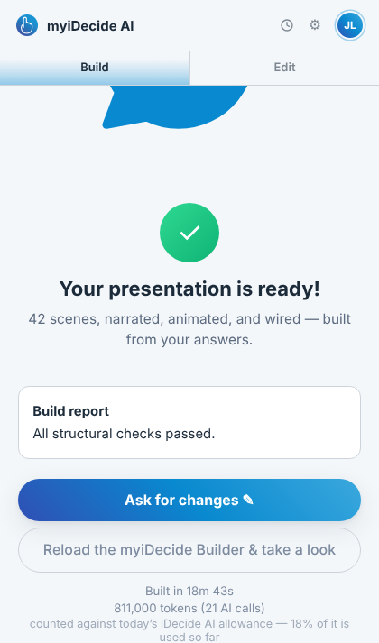 The Extension's finished screen with the message Your presentation is ready and an Ask for changes button