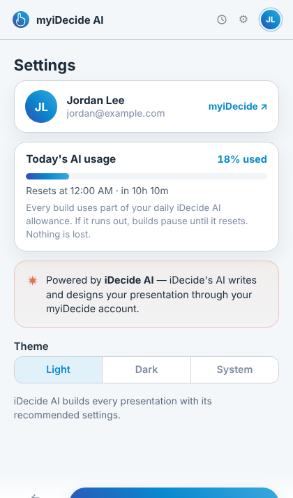 The Settings screen: the signed-in account, the Today's AI usage card with a percentage and the reset time, the theme switch, and the Daily usage bar at the foot of the panel