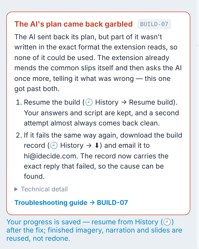 An error card in the panel: a plain-English title, the code BUILD-07 in a badge, numbered steps, a Technical detail disclosure and a link to this page