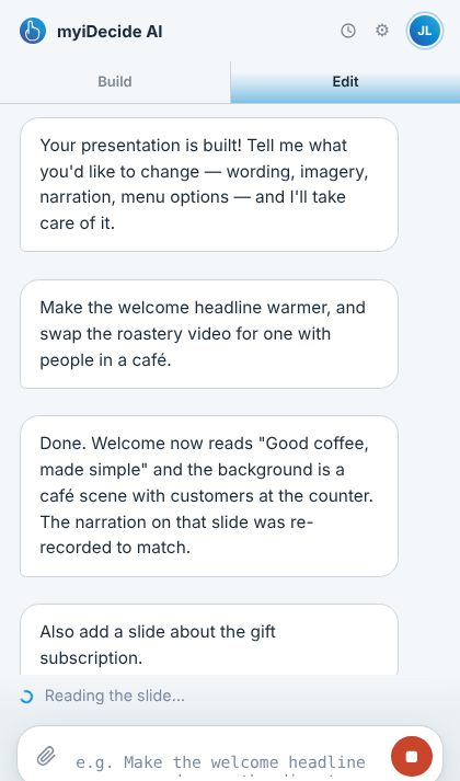The edit chat while a change is running: a queued message waiting its turn, and the Stop button