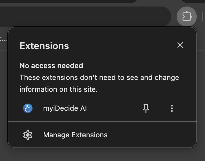Chrome's Extensions menu, opened from the puzzle-piece icon, listing myiDecide AI with a pin button beside it