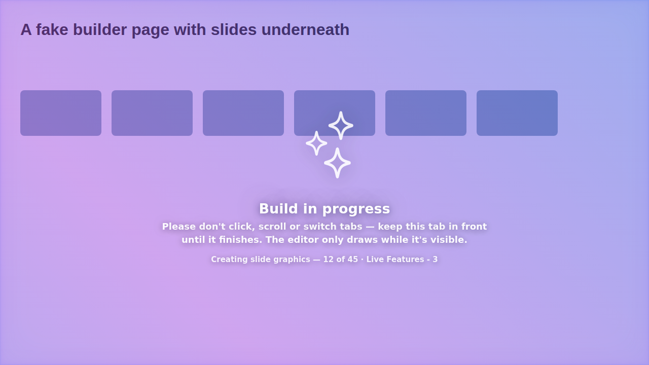 The myiDecide Builder during a build: a blue wash with an animation and the words 'Build in progress — please don't click, scroll or switch tabs'