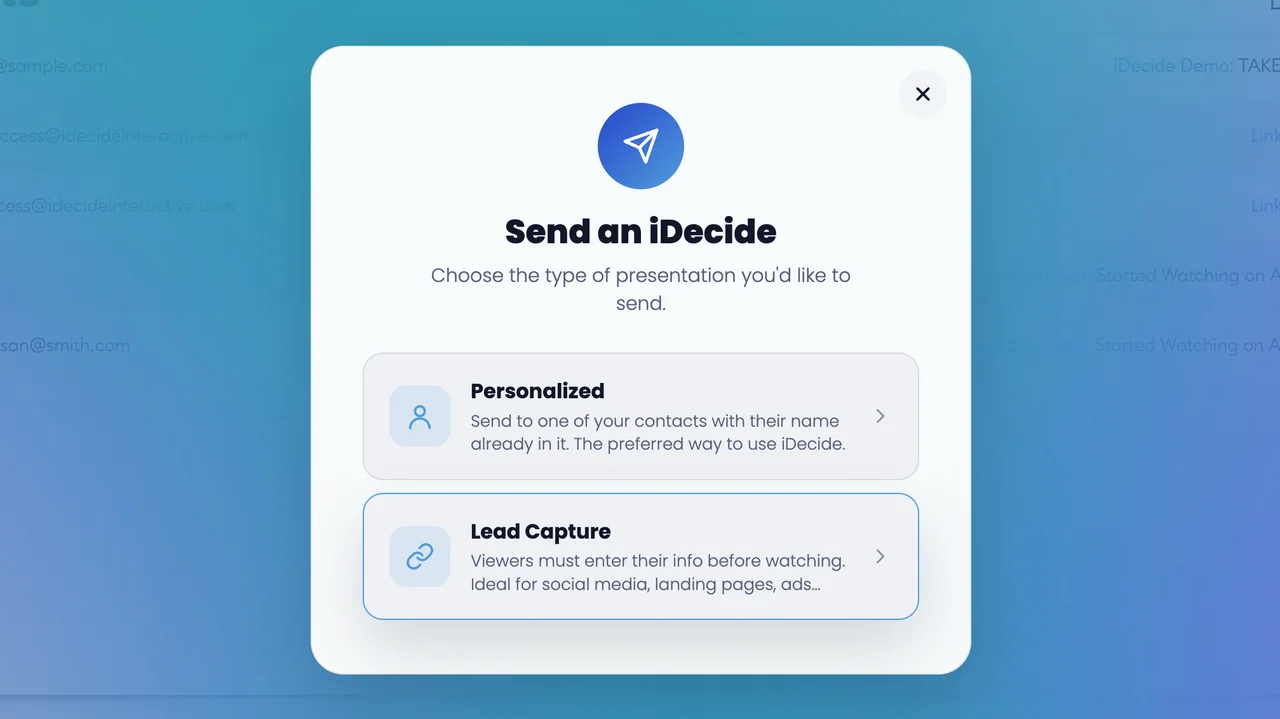 The Send an iDecide window in the iDecide Back Office, showing the Personalized and Lead Capture options.
