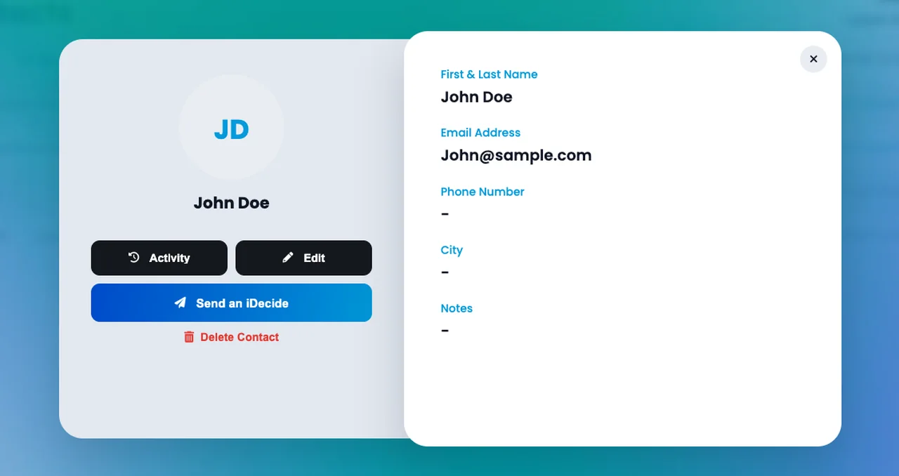 A contact profile in the iDecide Back Office, showing the Activity, Edit, Send an iDecide, and Delete Contact buttons.